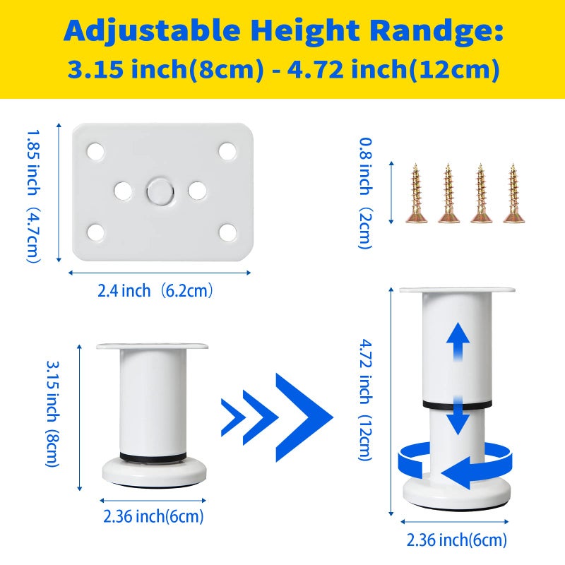 Olldag 4 Pcs Adjustable Height Furniture Support Legs [with Screws] 3.15-4.72 inch  Metal Heavy Duty Furniture Replacement Legs for Chair/Bed/Sofa/Cabinet/Couch/Dresser/Bed/Table (White) - Image 2